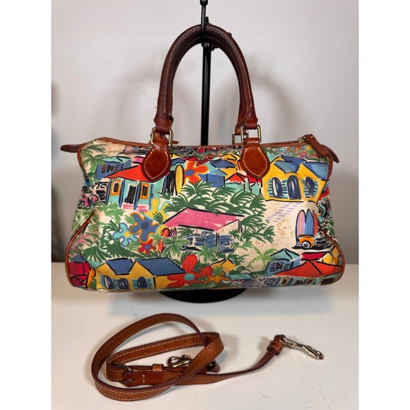 Dooney & Bourke "Sandbar" Tropical Beach Print Satchel Multicolor Leather Trim - Picture 2 of 9